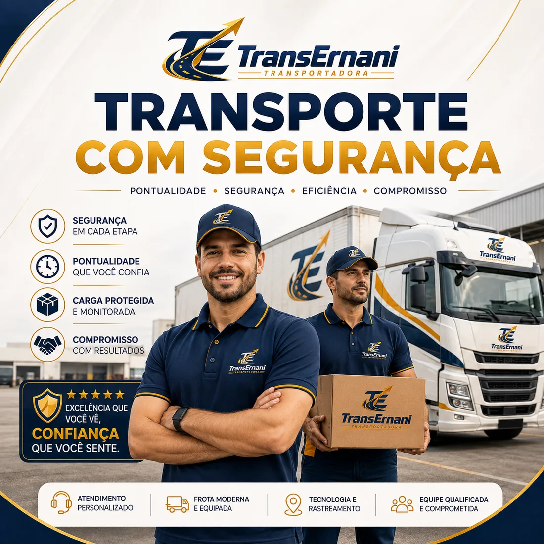 Arte institucional da Transernani Transportadora: transporte com segurança, pontualidade, eficiência e compromisso